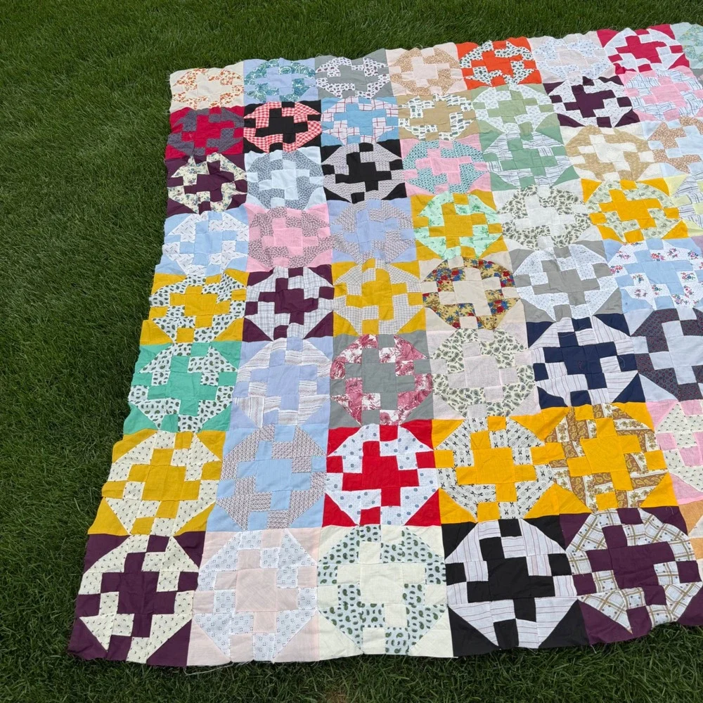 Rare Vintage Handmade Scrappy Patchwork Quilt Top Colorful Cotton Folk Art 92x82